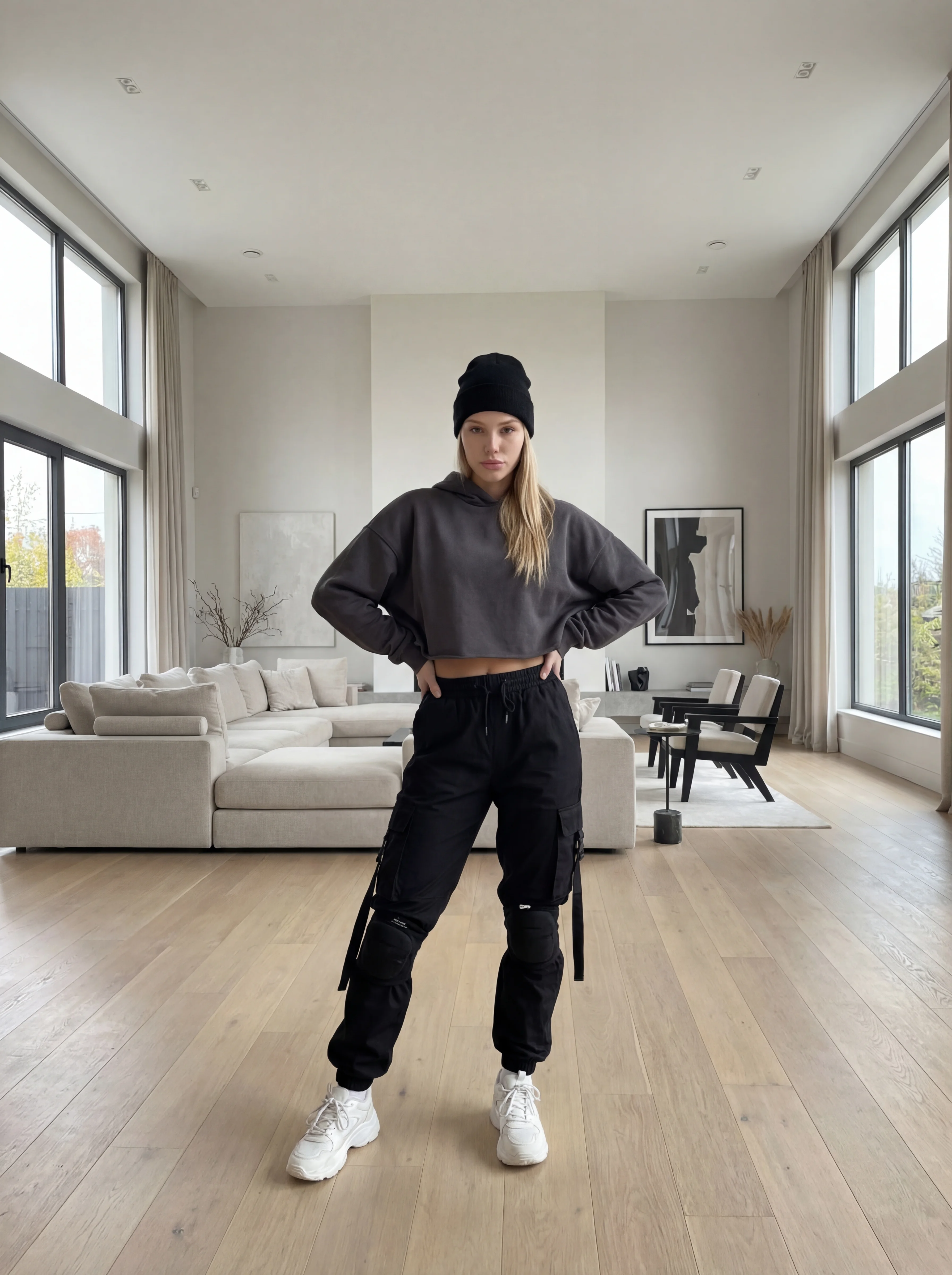 è in piedi in salotto della sua casa moderna, ampi spazi attorno a lei, ha un ou